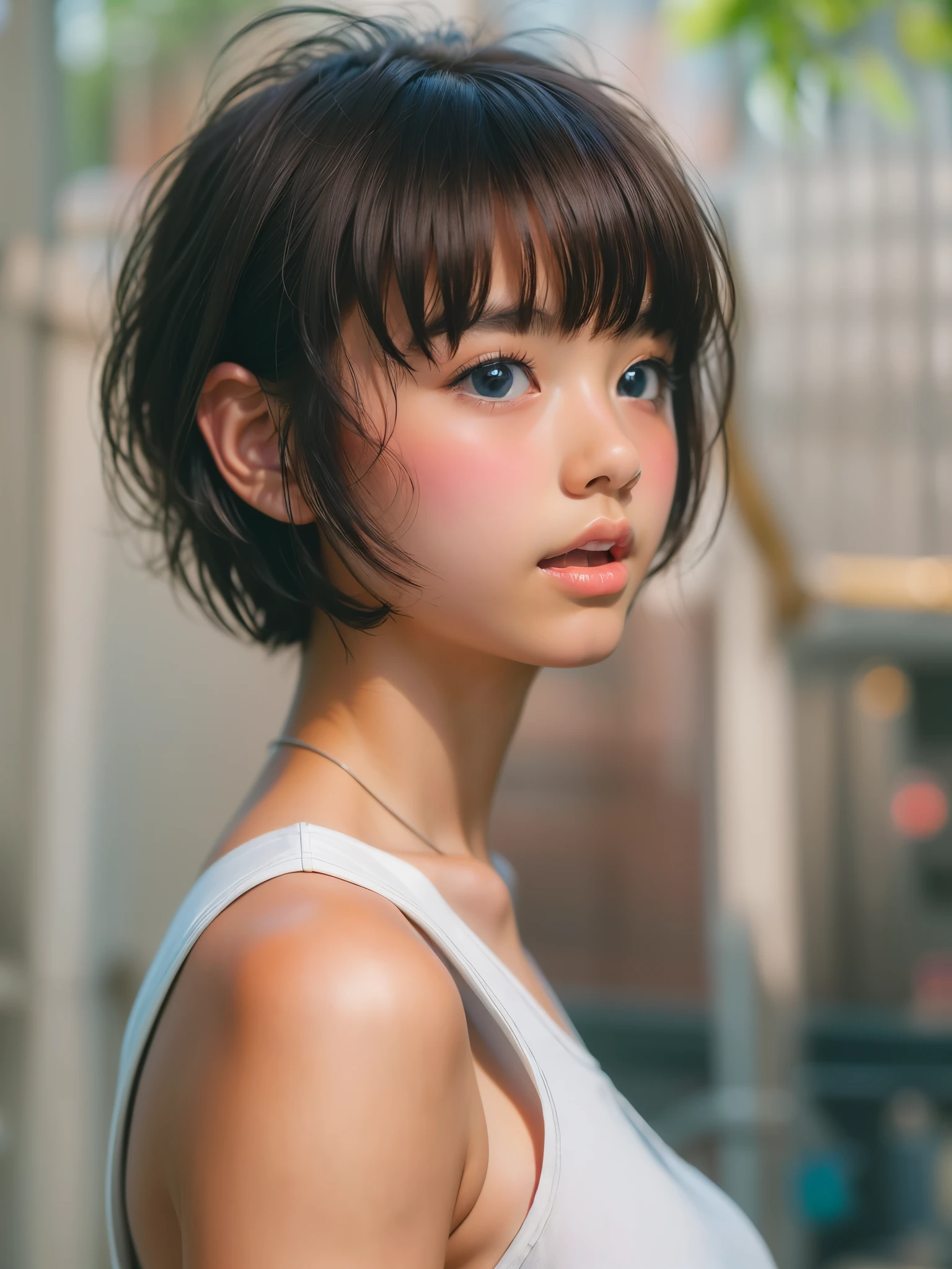 ((sfw: 1.4)), (( extra short hair, sidelocks-hair, 1Girl)),solo,((18 years old)), Ultra High Resolution, (Realistic:1.4), RAW Photo, Best Quality, (Photorealistic), Focus, Soft Light, ,((Japanese)), (( (young face))), (wearing white tanktop:1.5),((short denim pants)),(surface), (depth of field), masterpiece, (realistic), , bangs,,(face close up)