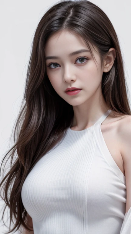 (8k, highest quality, High resolution, RAW photo, masterpiece :1.3), beautiful adult woman, ((pure white background)), ((Accurately express details such as faces and skin textures)), hisense, fashion, Stylish, colorful hair, spring clothes