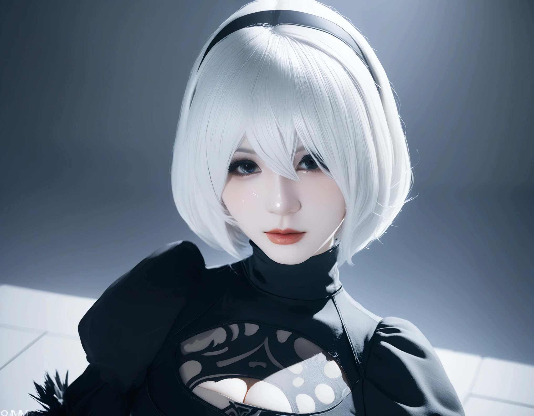 Real selfies、nier:Beautiful cosplay of 2B from Automata、2B、A selfie of a woman cosplaying as 2B、White skin、tall、Great style、Big Breasts、Small face、Small head、High nose、Beautiful Face、30 years old、British women、Half British、nier:2B&#39;s black costume from Automata、Black blindfold、Stylish background、Light background、Blur the background、Fantasyな都市を背景に、Kiss the viewer、((2B&#39;s selfie))、((Focus Zoom))、((Face Enhancement))、Shooting from a diagonal angle、masterpiece、highest quality、high resolution、Cosplayer Photos、Professional Photoodel、Fantasy、Glaring at the audience、Angry expression、Cosplay Makeup、Real Cosplay Photo、Cool and beautiful photos、Wrapped in a pale white glow、good looking