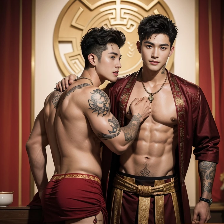 ( safe for work),Two handsome boys kissing, smiling at each other,hugging, kissing, touching lips, cuddle, romantic,skin ship, Chinese Men God, Mythology, realistic, Chinese odyssy, super Handsome,manly, kpop idol, handsome korean actor, 20 years old,, detailed face, manly jawline, detailed mess curly styling hair, Topless, Muscles, big breast Athlete body, Full Frame,full body shoots, realistic, human skin, tattoo breast, Professional studio Lighting, long red tibet wedding Outfit, jade and golden pendent all over , detailed jewery in dress, earings,Chinese ancient wedding Background,out door, super detailed background,look at camera , open mouth, thin Underneathe Underwear, tibet Warrior, Hanfu red wedding dress, tibet Male, tibet Nobel, Seduce , bare chest , tattoo chest, tattoo arms, tattoo hands, tattoo back, tattoo legs , tattoo belly, big juicy butts, 