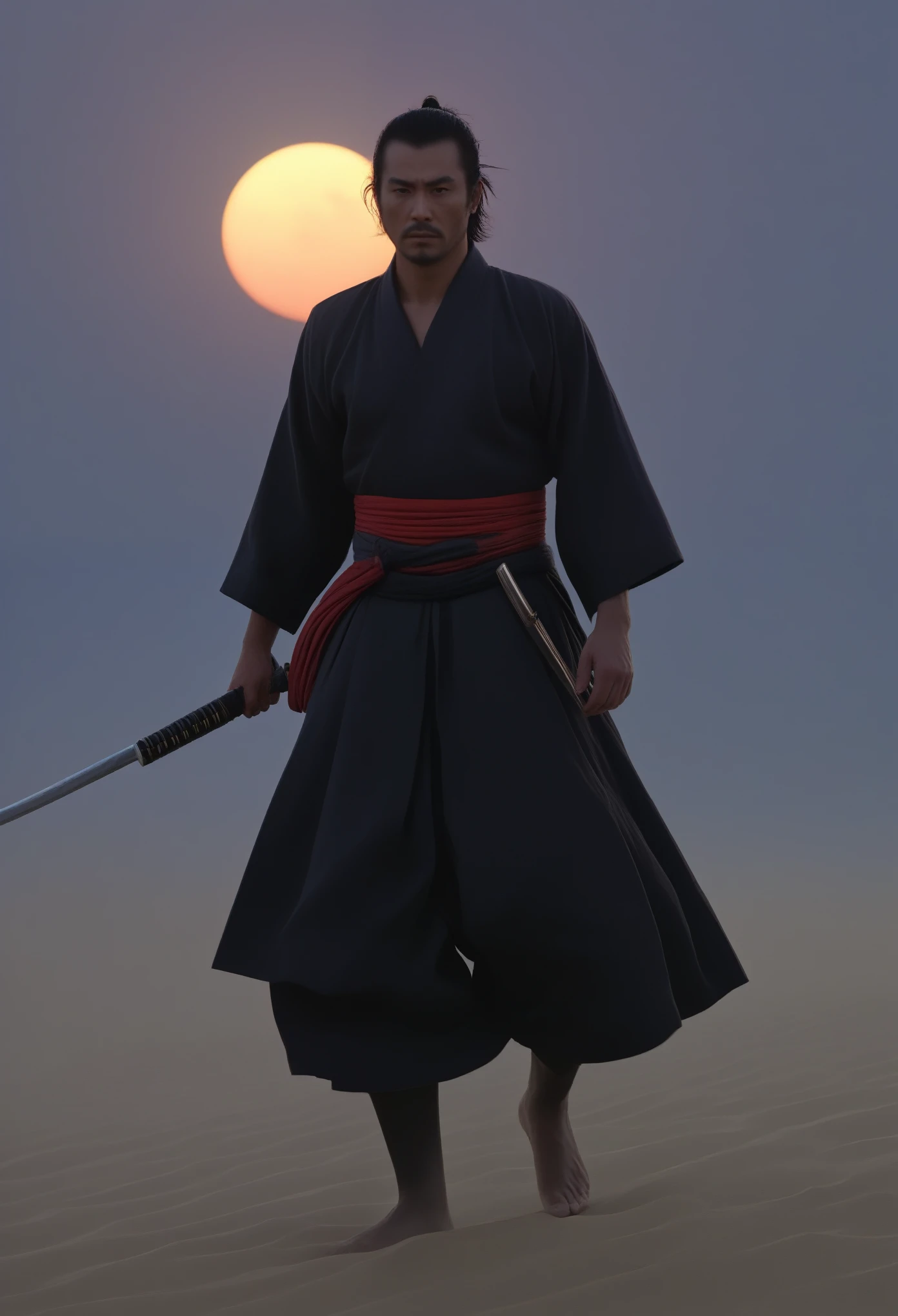 A samurai walking in a desert at dusk, with the moon as the background, front view, (best quality, 4k, 8k, highres, masterpiece:1.2), ultra-detailed, (realistic, photorealistic, photo-realistic:1.37), perfect face, intricate details, dusty ground, wind blowing samurai's robe, intense gaze, strong and muscular build, katana held firmly in hand, sunset colors painting the sky, shadows cast by the samurai's figure, mystical aura, vibrant and contrasting colors, dynamic lighting, striking silhouette.