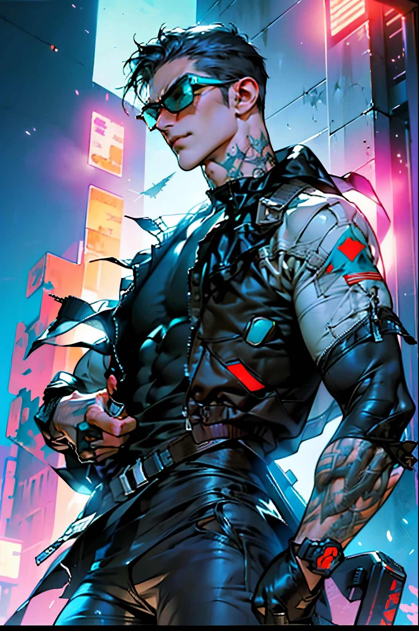 ((best quality)), ((masterpiece)), (very detailed body and face:1.3), 3D, Beautiful (cyberpunk:1.3) Beautiful young man with hair shaved on the sides and a petrol blue mohawk, VERY DETAILED AND BRIGHT, ((with weapons in his hands) ), (((futuristic Mad Max movie style background))), (((pink and cyan neon lights at night))), night image, at night, 32k