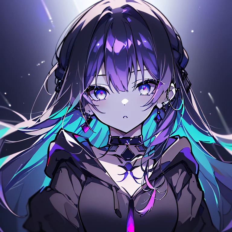 (highest quality,High resolution,Super detailed,wonderful,)Purple Hair,Long Hair,Braid,aqua blue eyes,Sharp Eyes,Cinema Lighting,thought,Earrings,choker,Black hoodie,Black Nails,Bust-up perspective,gorgeous,gem,White skin,Cool cute