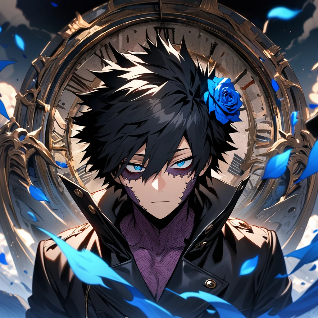 absurdres, highres, ultra detailed, HDR, masterpiece, extremely detailed face and eyes, perfect face, Dabi, black hair spiked around his head, hair between the eyes, expressive blue eyes, Boku No Hero Academia, solo, sexy man, handsome, black leather coat, tight black shirt, patterns, blue roses, black gloves, petals, in woderland, clock, blue flames