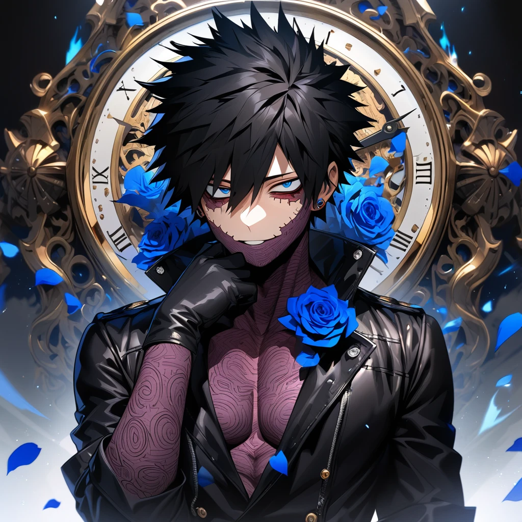 absurdres, highres, ultra detailed, HDR, masterpiece, extremely detailed face and eyes, perfect face, Dabi, black hair spiked around his head, hair between the eyes, expressive blue eyes, Boku No Hero Academia, solo, sexy man, handsome, black leather coat, tight black shirt, patterns, blue roses, black gloves, petals, in woderland, clock, blue flames