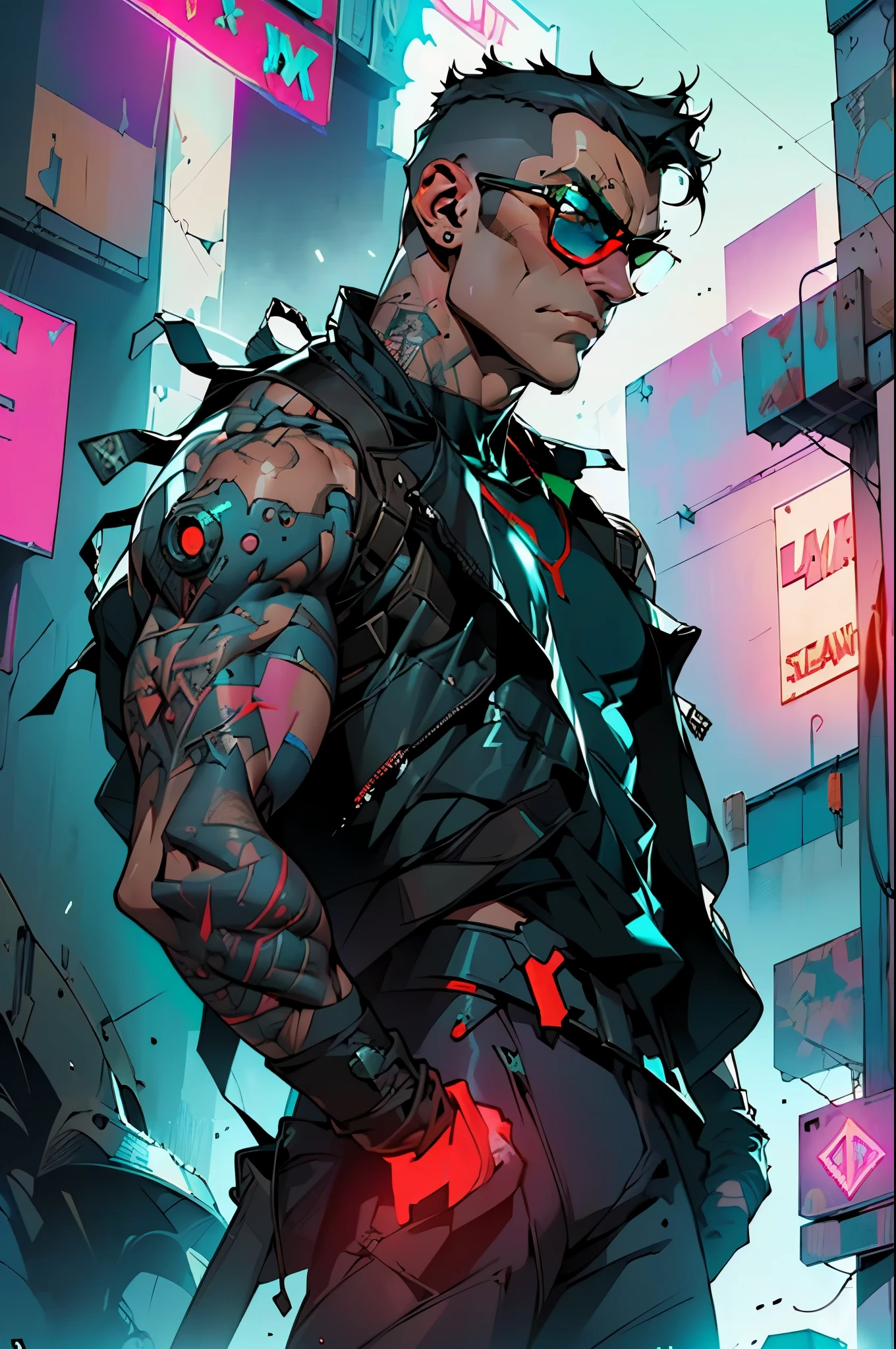 ((best quality)), ((masterpiece)), (very detailed body and face:1.3), 3D, Beautiful (cyberpunk:1.3) Beautiful young man with hair shaved on the sides and a petrol blue mohawk, VERY DETAILED AND BRIGHT, ((with weapons in his hands) ), (((futuristic Mad Max movie style background))), (((pink and cyan neon lights at night))), night image, at night, 32k