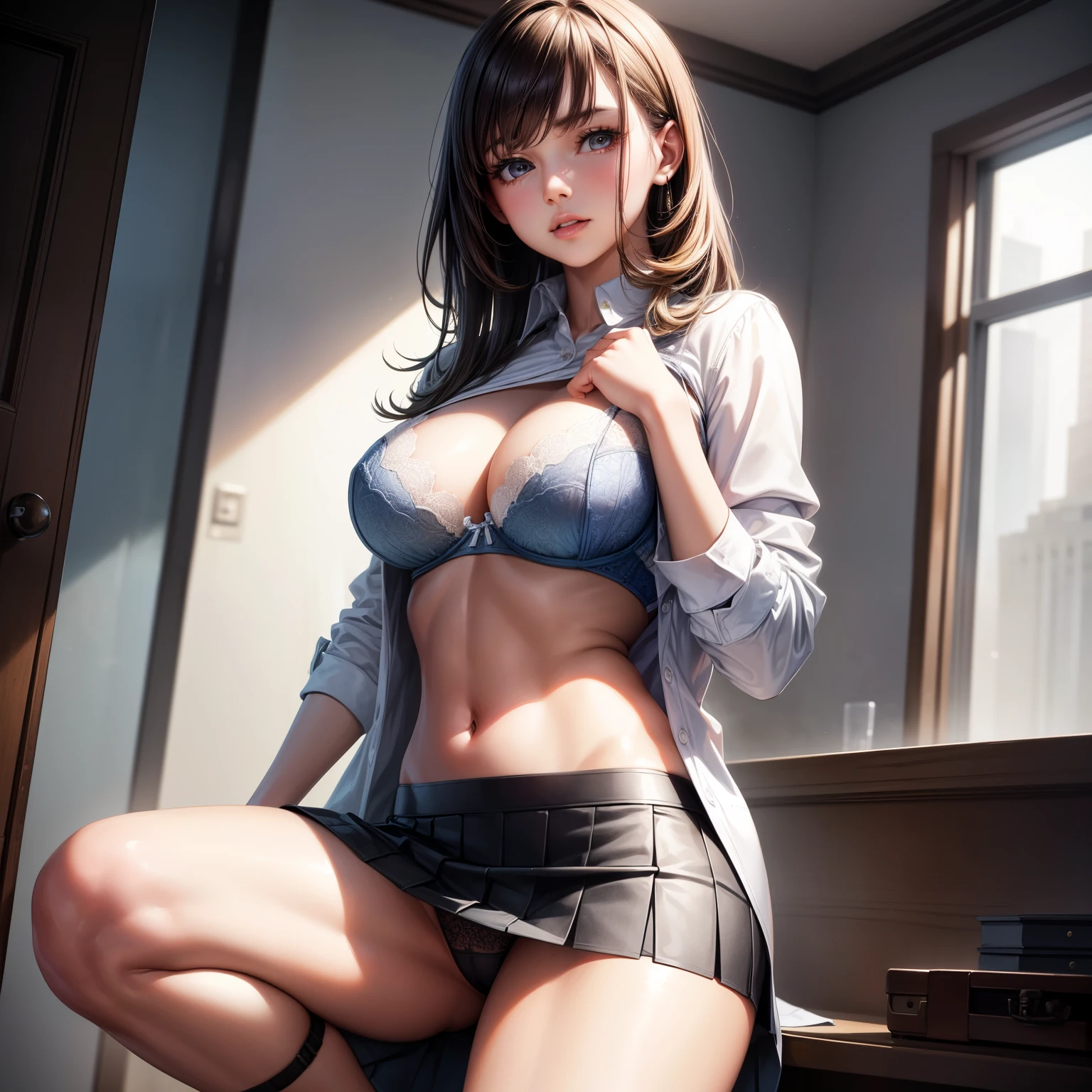 (best quality:1.2, realistic, ultra-detailed), young beautiful woman, lifting her skirt and revealing her underwear, wearing a mini skirt, wearing a short skirt, seductive portrait, open shirt showing her bra