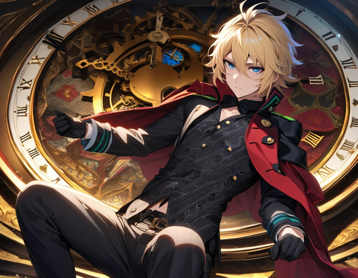 Ultra detailed, highres, absurdres, HDR, Mika Hyakuya, wavy blond short hair, blue eyes, Owari No Seraph, red long coat, black tight shirt with patterns, clock, gear, in wonderland, heart cards, sexy man, solo, handsome, very detailed face and eyes, black pants, black gloves,