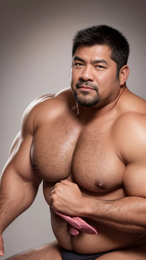 black hair, middle-aged man, individual, male, Muscular wrestler, muscular, Stout wrestler, Asian, Japanese, uncle, 55 year old middle-aged man, short hair, short hair, red wrestling boots, full body portrait, shadow, Vision, red briefs, obesity, 45 years old, short beard, middle-aged man, tattoo, fingerless gloves, Wheat skin, shiny skin, dark skin, Show your pectoral muscles, sumo wrestler, bodybuilder, wide temples, Visible abdominal muscles, Smile, Fine hands, solid color background, pure white background, Surrealism, Panorama, 8k, super detail,