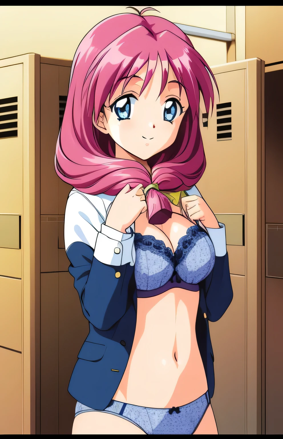 Shirayuki Miho,１People Girls, smile, blue eyes,Browsing Caution,Expose the chest,underwear,locker room,good,good,retro artstyle, twins, Long Hair,  1990s (style), chest, city, Day,
masterpiece, expensive quality, very_expensive_solve, big_file size, Full Color,