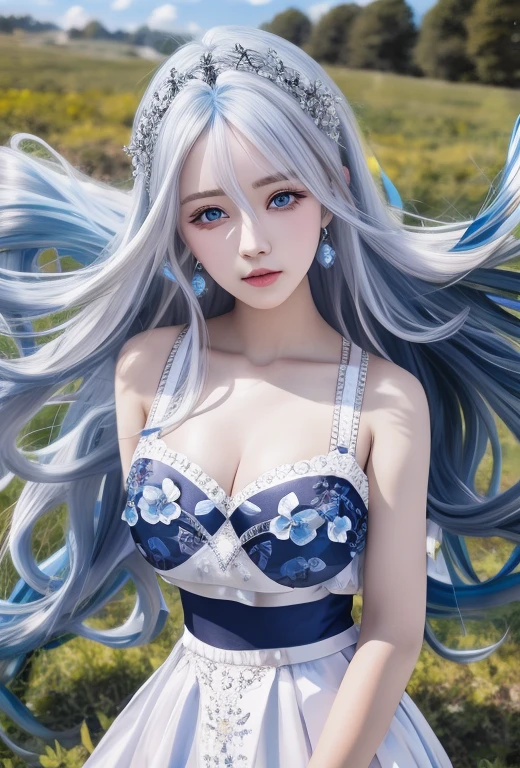 Alatez long hair and blue eyes posing in the field, Guvez style artwork, long white hair, Guvitz, long white hair, popular on CGSTATION, anime style. 8k, sky blue. Delicate hair, perfect white-haired girl, Guweiz on ArtStation Pixiv, flowing gray hair, big breasts