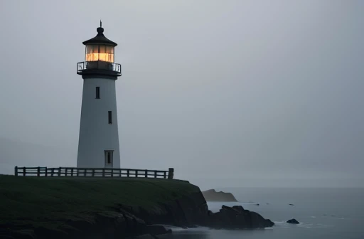 background image、very creepy atmosphere、Lighthouse in the fog、Looking up