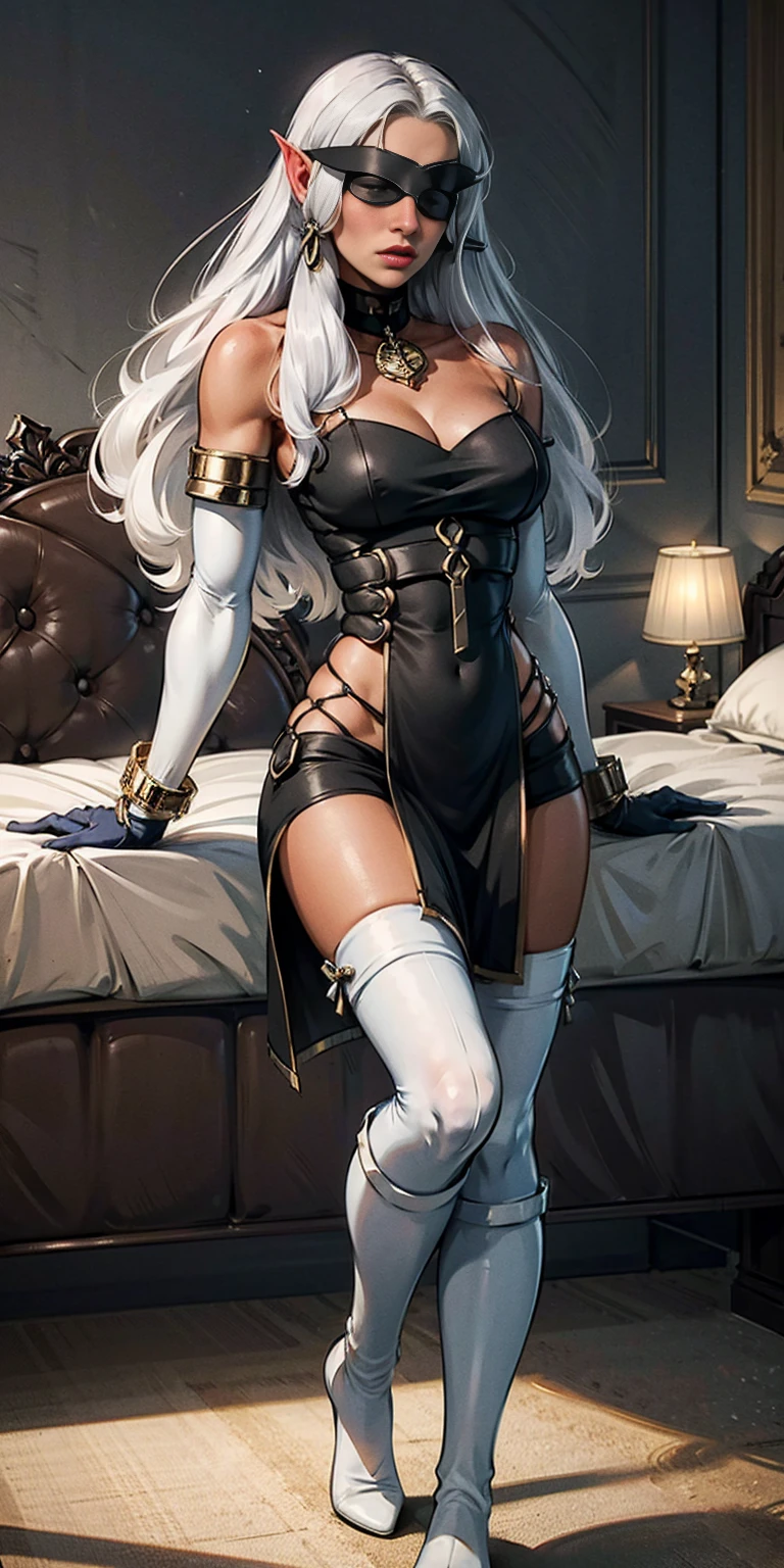 (yellow eyes), white hair, silver hair, very long hair, straight hair, solo, adult woman, tall, slightly muscular, large breasted, cleavage, constricted waist, toned body, slight abs, thin dark skin, pointy ears, lipstick, makeup, black eyeshadow, circlet, white short dress, jewelry, bracelet, white gloves, thigh boots, standing symmetrical feet together on bed, Cross Belt Blindfold