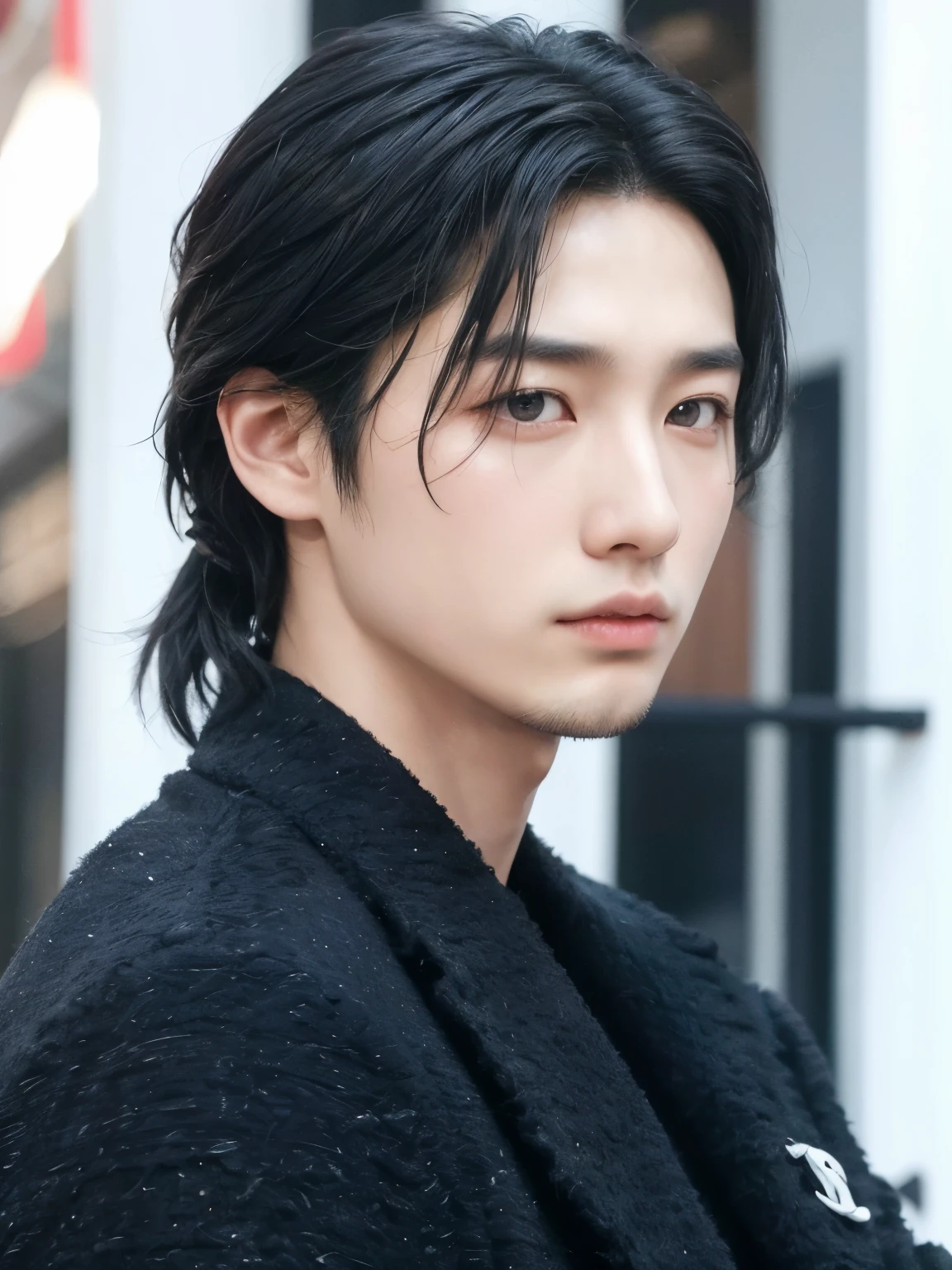 arafed asian man with black hair and black coat, jinyoung shin, cai xukun, hombre surcoreano, pale korean adorable face, young pale angel, Un hombre guapo，pelo corto negro, con su largo cabello negro, buena cara, hyung tae, steven jung, pelo medio largo, hombre guapo, aesthetic jinyoung pimple, hermoso rostro, strong jaw
