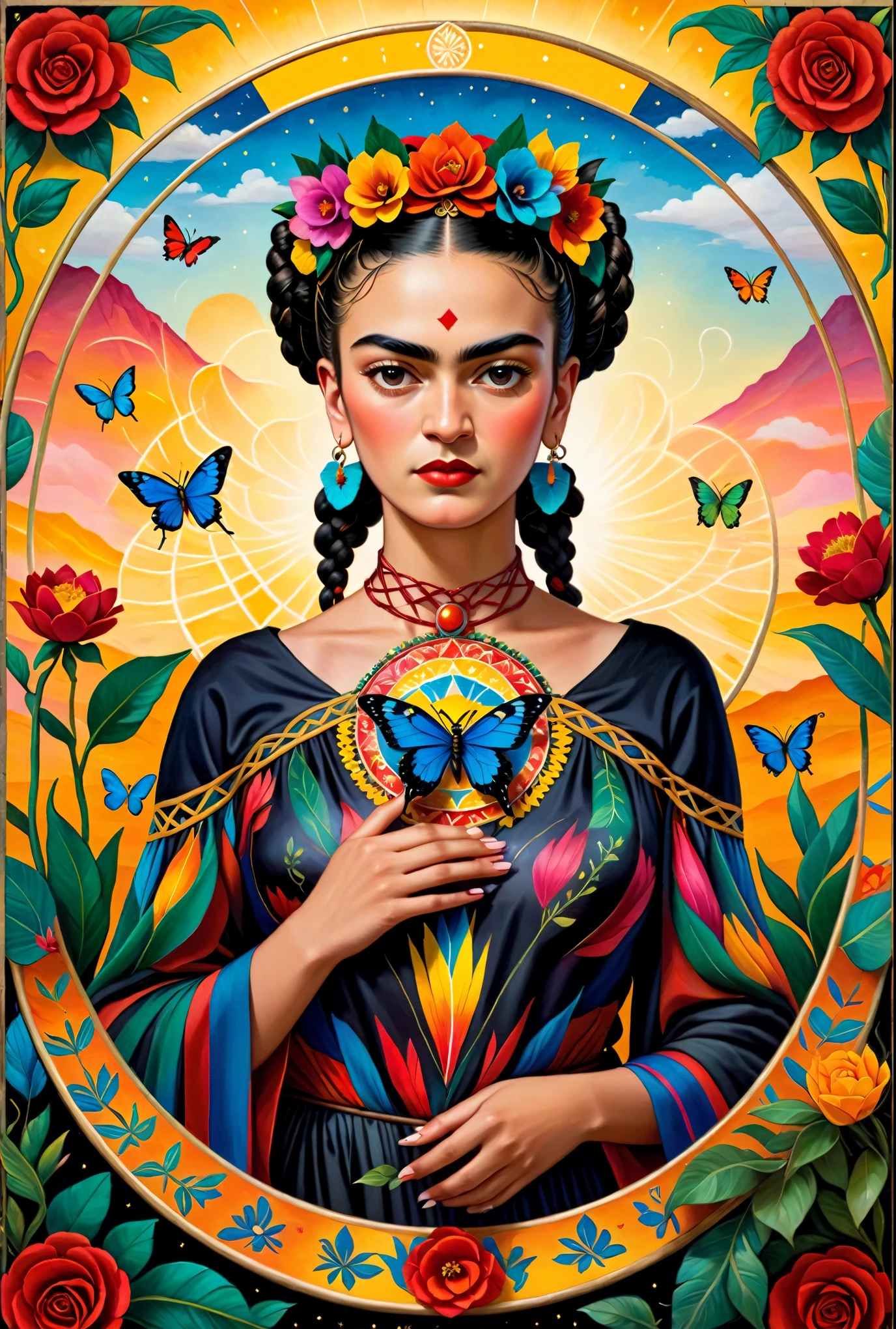 Frida Kahlo as a Tarot Card: Frida Kahlo,A goddess-like interpretation, vibrant colors, detailed portrait, surreal elements,Frida's iconic unibrow and braided hair,flowers and plants as symbolic representation of nature and growth,emphasize her powerful gaze and confident expression,rich texture and brush strokes inspired by Frida's own painting style,incorporate elements of Mexican culture and tradition, mystic atmosphere, hints of symbolism related to Frida's life and art, a touch of magical realism, detailed patterns in the background, surreal motifs like butterflies or surreal animals, a halo or a radiant aura to highlight her divinity, intricate costume inspired by traditional Mexican clothing, vibrant color palette with bold contrasts, soft and ethereal lighting, exquisite attention to facial features and expressions, a sense of empowerment and inner strength, an overall composition that reflects the enigmatic allure of tarot cards, a touch of Frida's signature artistic flair. (best quality, highres, vivid colors, photorealistic, artistic interpretation, detailed portrait), surreal tarot card, Frida Kahlo as a goddess in the tarot deck.