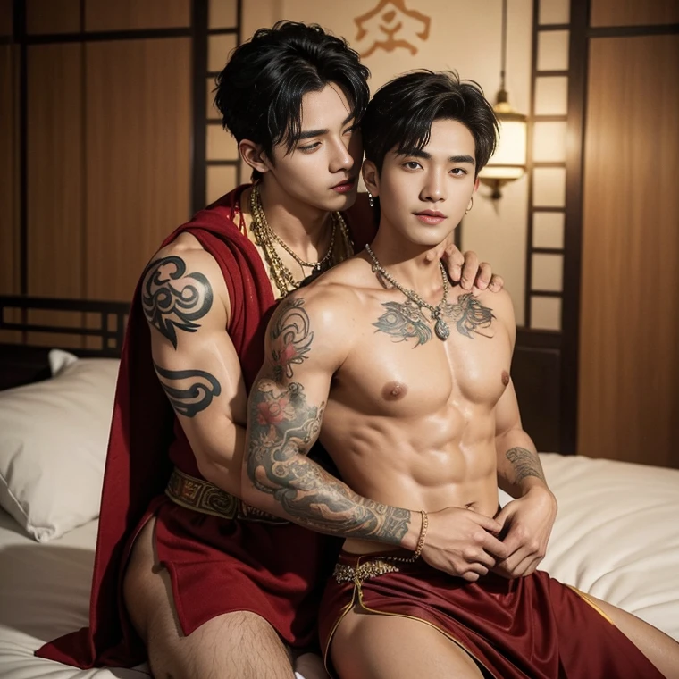 ( safe for work),Two handsome boys kissing, smiling at each other,hugging, kissing, touching lips, cuddle, romantic,skin ship, Chinese Men God, Mythology, realistic, Chinese odyssy, super Handsome,manly, kpop idol, handsome korean actor, 20 years old,, detailed face, manly jawline, detailed mess curly styling hair, Topless, Muscles, big breast Athlete body, Full Frame,full body shoots, realistic, human skin, tattoo breast, Professional studio Lighting, long red tibet wedding Outfit, jade and golden pendent all over , detailed jewery in dress, earings,Chinese ancient wedding Background,out door, super detailed background,look at camera , open mouth, thin Underneathe Underwear, tibet Warrior, Hanfu red wedding dress, tibet Male, tibet Nobel, Seduce , bare chest , tattoo chest, tattoo arms, tattoo hands, tattoo back, tattoo legs , tattoo belly, big juicy butts, 