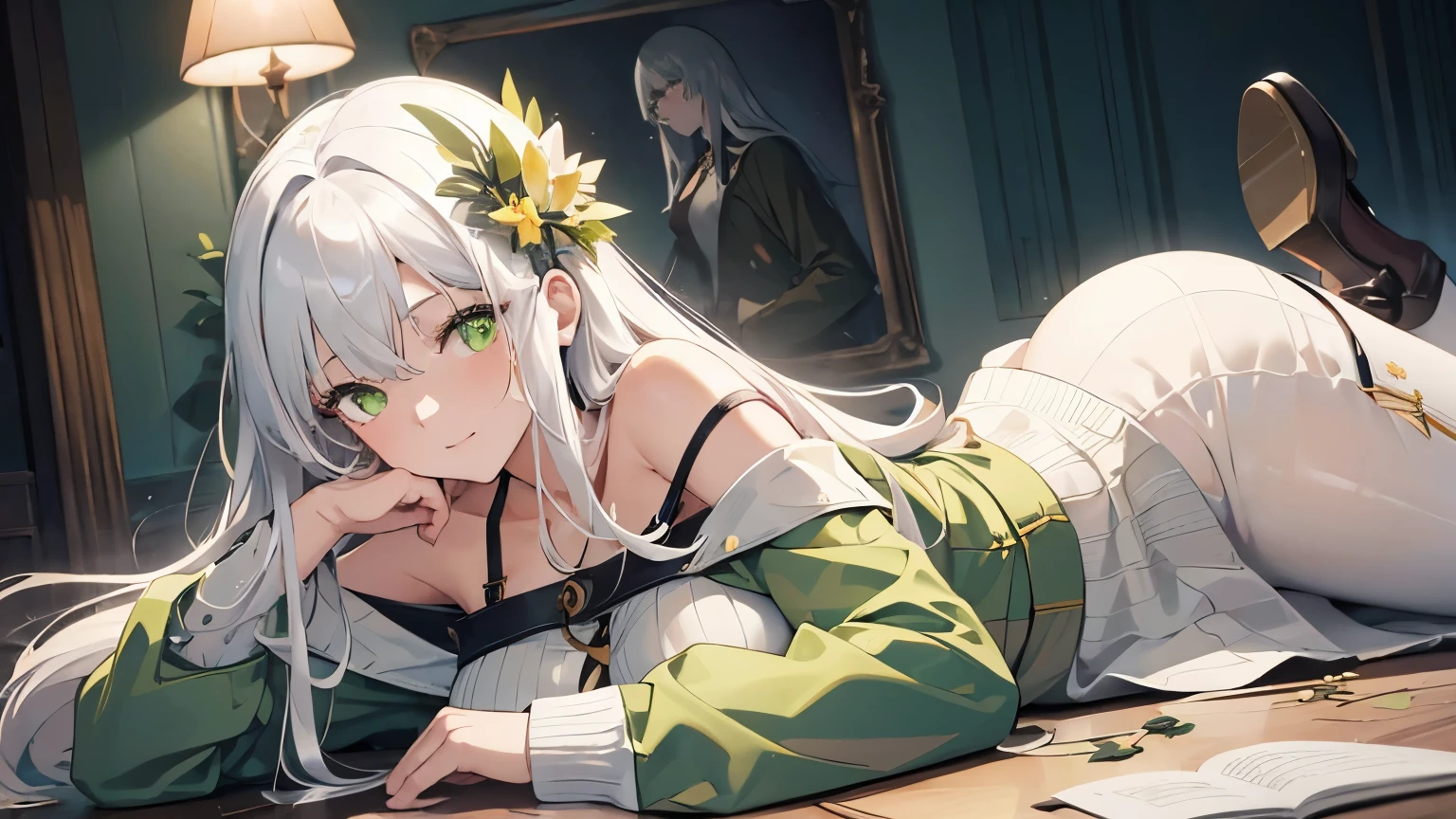 (best quality:1.3), (masterpiece:1.3), (illustration:1.3), (ultra-detailed:1.3), (imid shot:0.9), 1girl, ((white hair)), large breasts, ((green eyes)), light smile, coat, tall, mature, long hair, hair ornaments, pantyhose, green sweater, open white coat, open clothes, long sleeves, off-shoulder sweater, bare shoulders, face down ass up, lying on the ground,