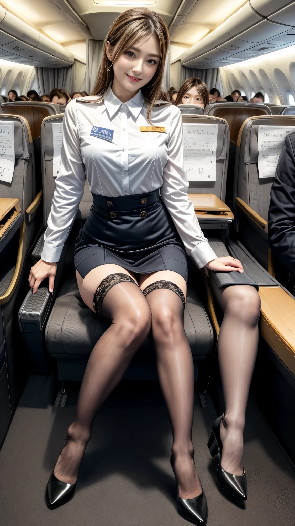 ((masterpiece、best quality))、Detailed face、Sexy 18 岁日本模特、Lovely、(Airline stewardess:1.2)、full、、Bodycon crew neck lace top,Short skirt,1 girl、Symmetrical illumination、High heel、Sexy的女人、Sexy、focus、charming、セクシーなHigh heel、ルブタンのセクシーなHigh heel、(Aircraft Business Class:1.2)、sit on the chair,Cross your legs,Sexy十足、Naughty legs、Sexy连裤袜、 White patterned pantyhose、Suspenders、Smile