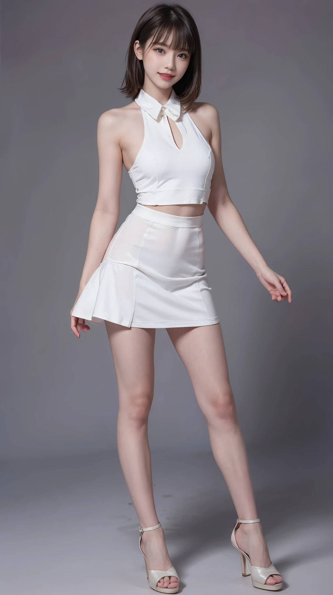 highest quality,masterpiece,Ultra-high resolution,Original photo,Ultra-high resolution,A beautiful 25-year-old woman wearing women's fashions popular in the 1980s,Long legs:1.5,fluttering mini skirt,Flashy makeup using red eyeshadow,Big smile,Short cut with delicate side waves,Full Body,Gray background,