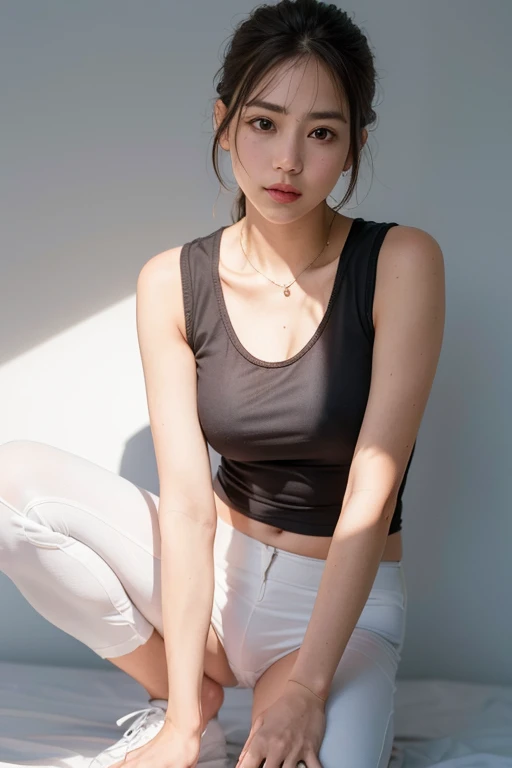 (Detailed RAW photos of a woman&#39;s whole body: 1.5), ((Tabletop, highest quality, High resolution)), 1 cool woman, (Realistic: 1.4), alone, Pure white background, Cool makeup, (Tight outer boulevard hair, Dark brown hair color: 1.4), (Cool Summer Fashion, Ginger style、Tank top、Best)、Panties