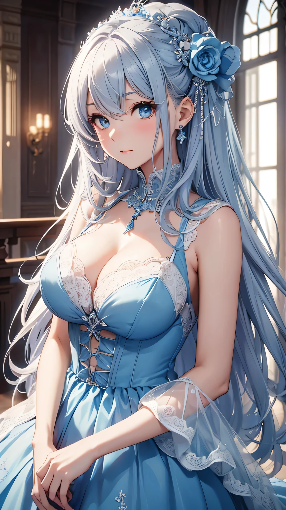 highest quality、Highest quality、Highest Resolution、masterpiece、The best beautiful girl, Gray Hair, blue eyes, Light blue wedding dress, Big Breasts、Blue hair ornament、to close range