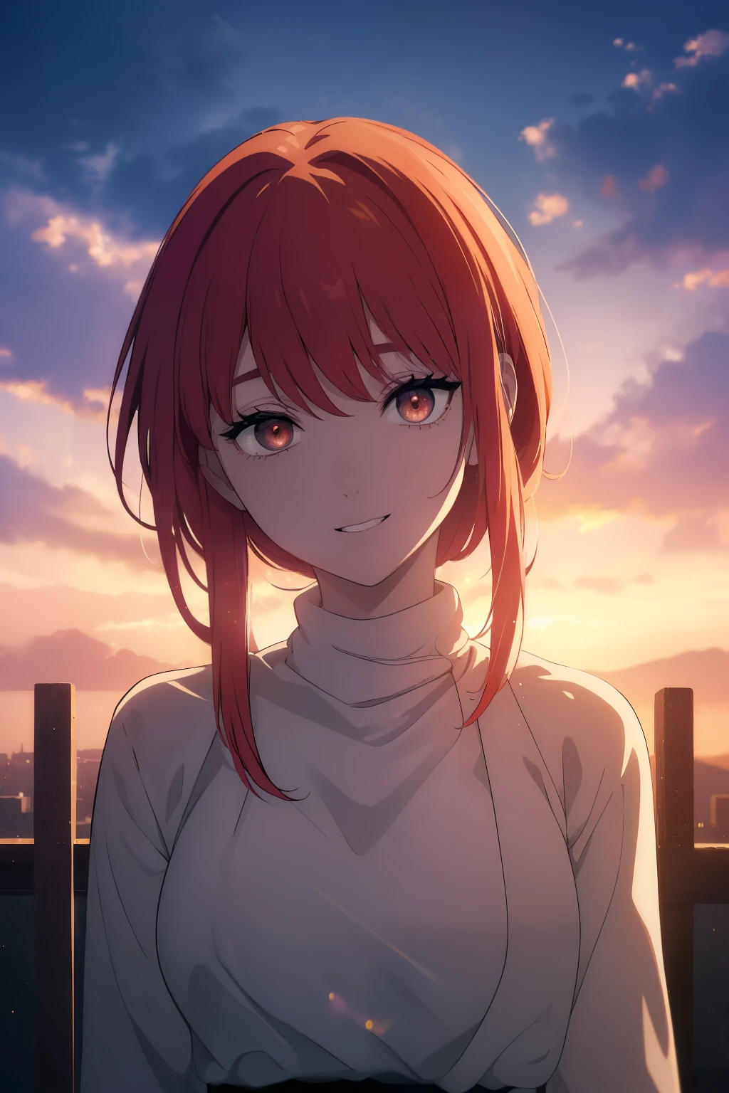 ((((Obra maestra, La mejor calidad, ultrahigh resolution)))), beautiful face, beautiful girl, 1girl, looking at viewer, standing, upper body, red hair, beautiful face, outside, wind blowing, detailed face, eyeliner, detailed red gradient eyes, shiny red eyes, black pupils, , face focus, pretty smile, happy, teeth, wide smile
