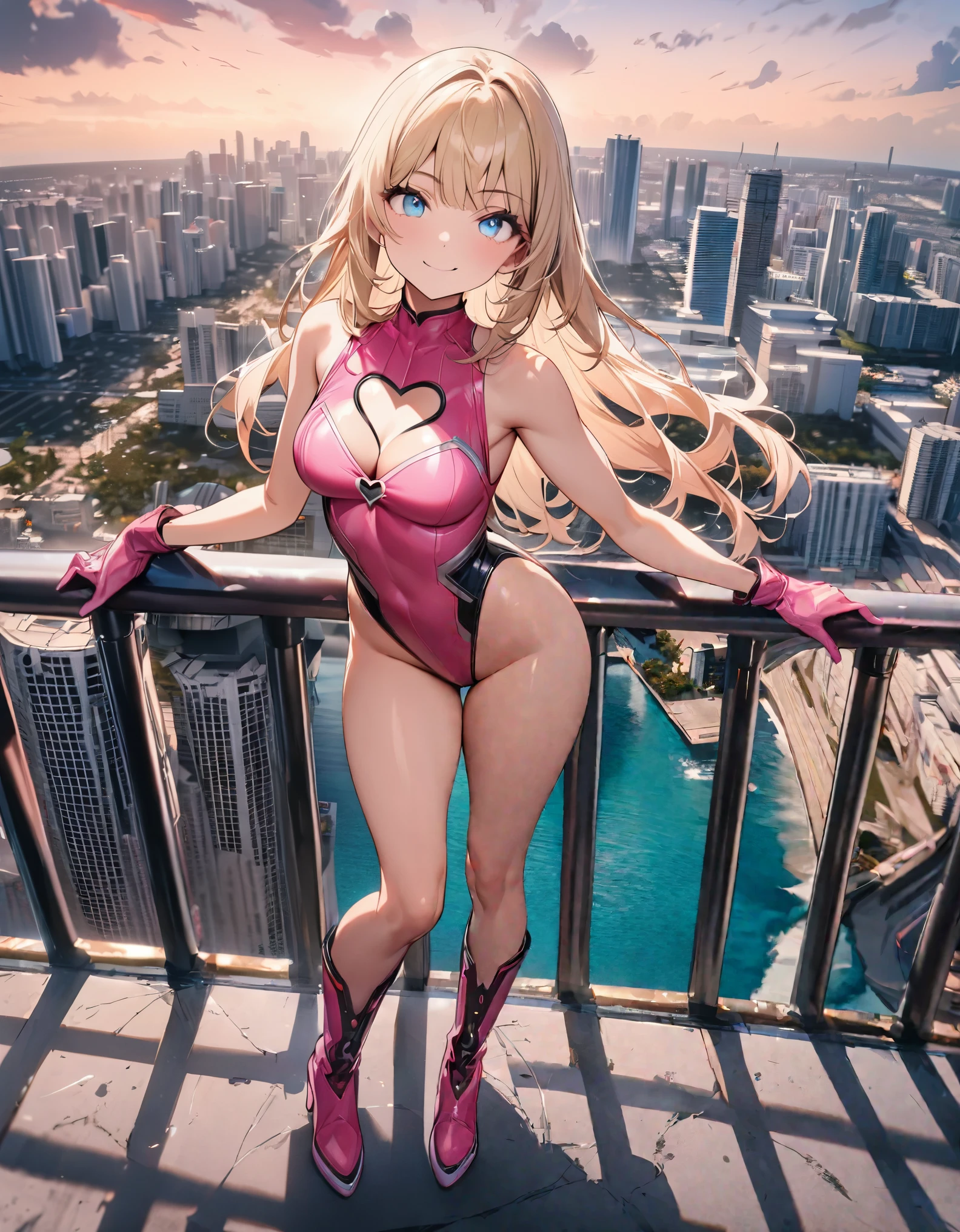 ((masterpiece)), ((best quality)), ((high res)), 1girl, solo, (leotard, perfect leotard, pink leotard, sleeveless, bare legs), matching boots, looking at the viewer, miami city backdrop, perfect eyes, perfect legs, perfect arms, perfect hands, complete fingers, perfect anatomy, perfect proportions, medium breasts, (blonde hair, long hair, hair down, bangs), knee boots, blue eyes, beautiful detailed eyes, beautiful detailed face, cute face, (one cleavage heart cutout), pink gloves, pink footwear, superhero, casual, smile, single, standing, standing straight, full body with costume