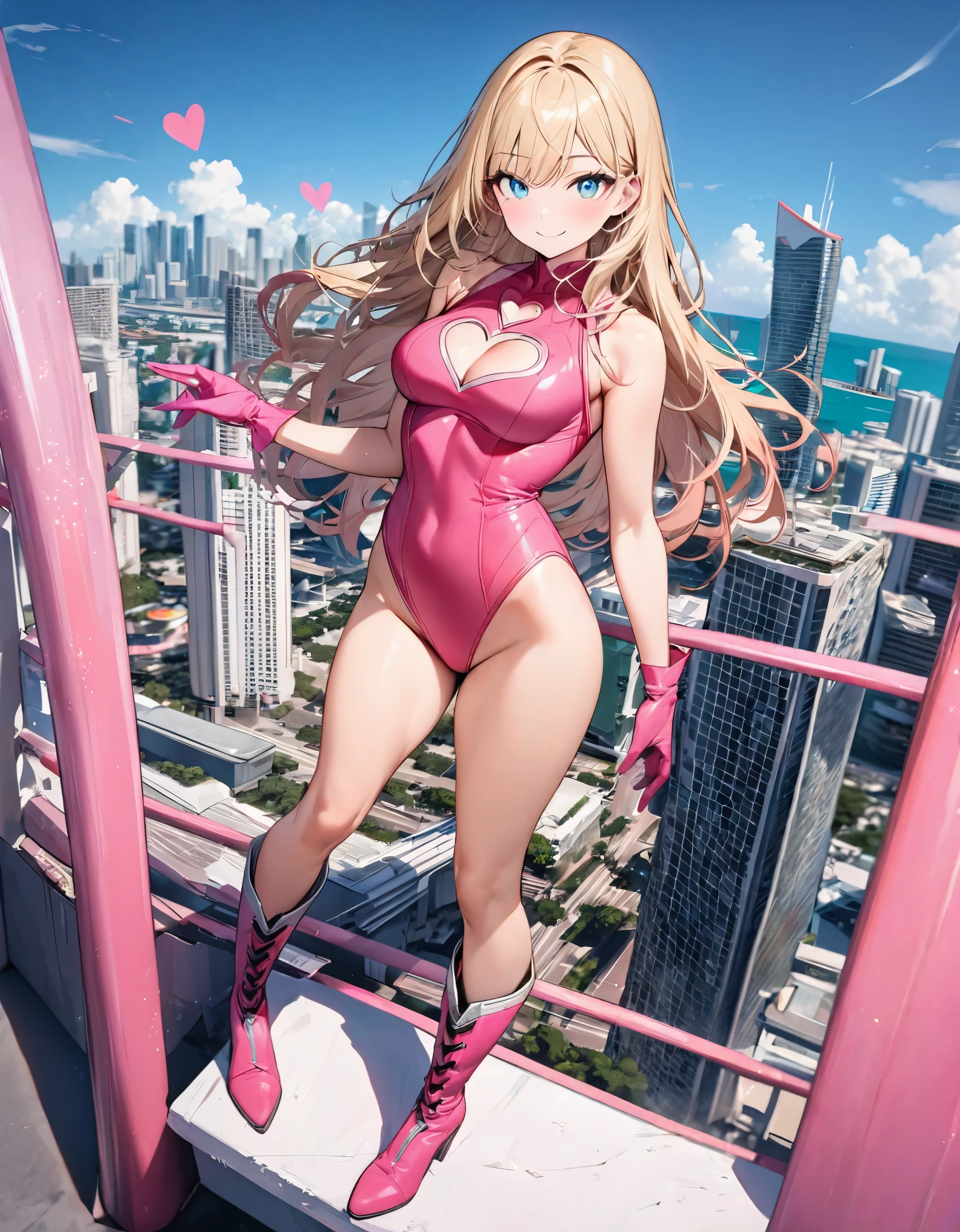 ((masterpiece)), ((best quality)), ((high res)), 1girl, solo, (leotard, perfect leotard, pink leotard, sleeveless, bare legs), matching boots, looking at the viewer, miami city backdrop, perfect eyes, perfect legs, perfect arms, perfect hands, complete fingers, perfect anatomy, perfect proportions, medium breasts, (blonde hair, long hair, hair down, bangs), knee boots, blue eyes, beautiful detailed eyes, beautiful detailed face, cute face, (one cleavage heart cutout), pink gloves, pink footwear, superhero, casual, smile, single, standing, standing straight, full body with costume
