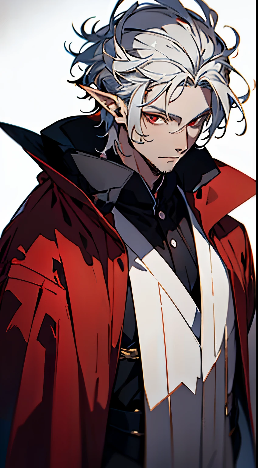 Masterpiece, best quality, high quality, ultra detailed, ((A man)), solo, gantleman, black background, white hair, short wavy hair, red eyes, Calm, elf ears, elegant white robes