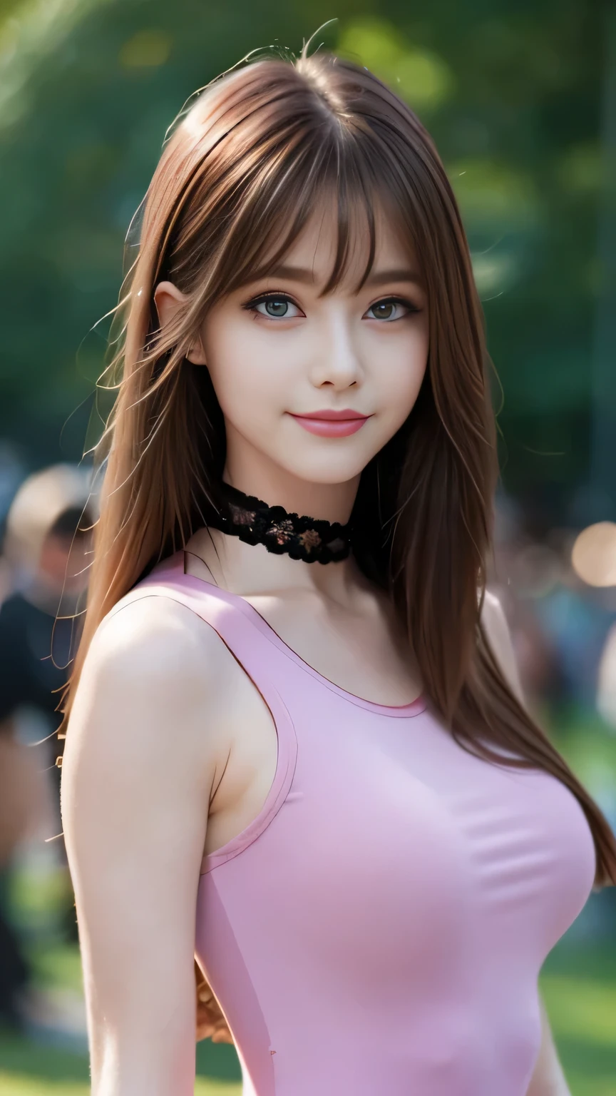 ((masterpiece, High resolution)), ((Thousands, crowd)), live-action, girl, group, clone, (( brown haired girl, blonde girl、Medium Hair)), elegant, rich girl, Emotionless, Arms at sides, Straight spine, (((Pink semi-transparent leotard)), Upright and immobile posture, shoulder to shoulder, Same pose, The sisters are lined up in an orderly fashion, Many lines, crowd Shot, ((Black Choker, blue eyes, Very long eyelashes, bangs, Big Breasts, smile)),slim、((Big Breasts)), Round Breasts、garden、Long legs