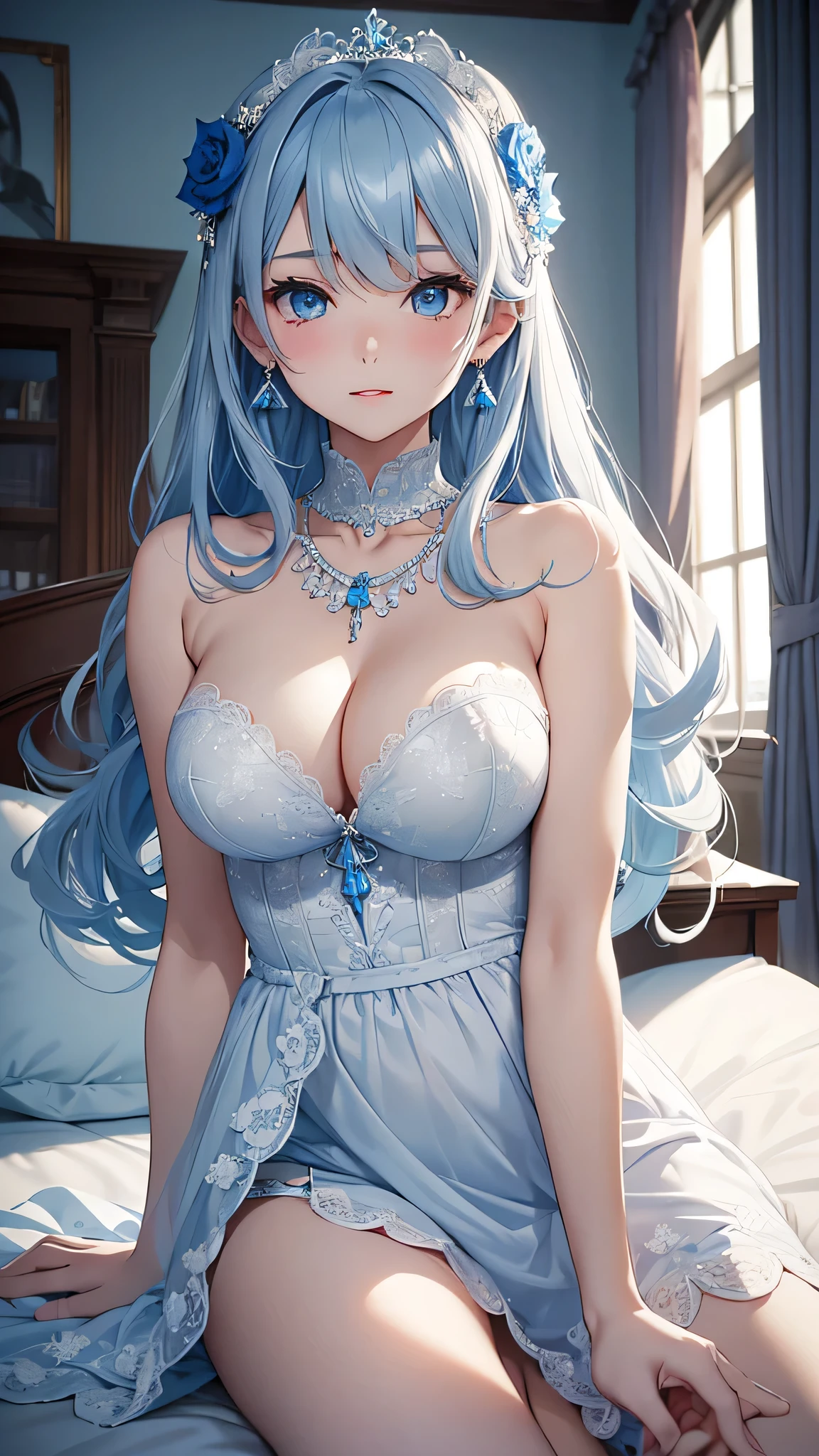 highest quality、Highest quality、Highest Resolution、masterpiece、The best beautiful girl, Gray Hair, blue eyes, Light blue wedding dress, Big Breasts、Blue hair ornament、Close range On the bed、Spread your legs、Showing off white underwear、Blue Necklace、Blue earrings