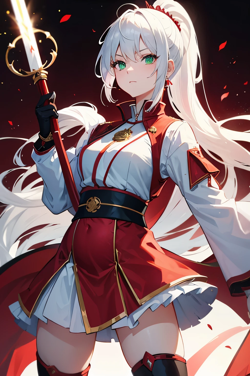 4k,hight resolution,One Woman,White hair,Short ponytail,Green eyes,Red Hero's Clothing,White samurai armor,Long red gloves,Long red boots,Black spats,Excalibur, (pregnant:1.0)