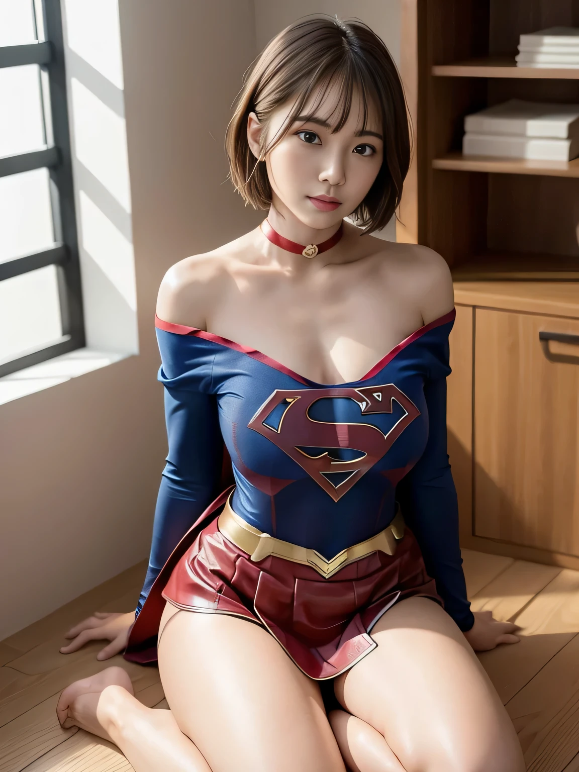 masterpiece、Supergirl Costume、short hair、barefoot、Big and ample breasts、Research Room、operating table、Overreaching、Oily Skin、Shiny、Look at the camera、Sexy poses to seduce、Model Body Type、choker、Long sleeve、Red mini skirt、Cowgirl、Estrus、Sweaty、Radical、Off the shoulder、Alluring、charm、Enchanting、Wild、