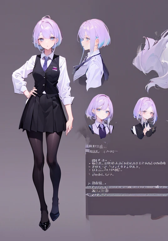 ((Perfect Face)),Purple Hair,short hair,1 female,bartender,,Black vest,A shirt with rolled up sleeves,tie,skirt,slit,High heels,,((Simple Background)),((smile)),((Full Body)),((full body)),Character portrait,Character sheet,upright,
