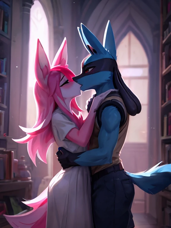 background showcasing intricate stone carvings and dripping candlewax, creating an atmosphere of intimacy and desire. The human male, his muscular form on full display, is locked in a passionate embrace with the anthro rabbit, their bodies entwined in a dance of pure passion. The rabbit's ears twitch with each rhythmic movement, and her vivid pink fur shimmers under the dim candlelight.

Her boundless enthusiasm is highlighted by the sweat that trickles down her body, adorning her with a sheen of erotic appeal. She wears a black lace thong that adds a touch of mystery to her allure. The male, with a chiseled