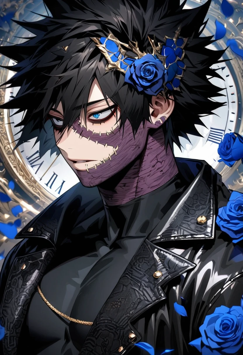 absurdres, highres, ultra detailed, HDR, masterpiece, extremely detailed face and eyes, perfect face, Dabi, black hair spiked around his head, hair between the eyes, expressive blue eyes, Boku No Hero Academia, solo, sexy man, handsome, black leather coat, tight black shirt, patterns, blue roses, black gloves, petals, in woderland, clock