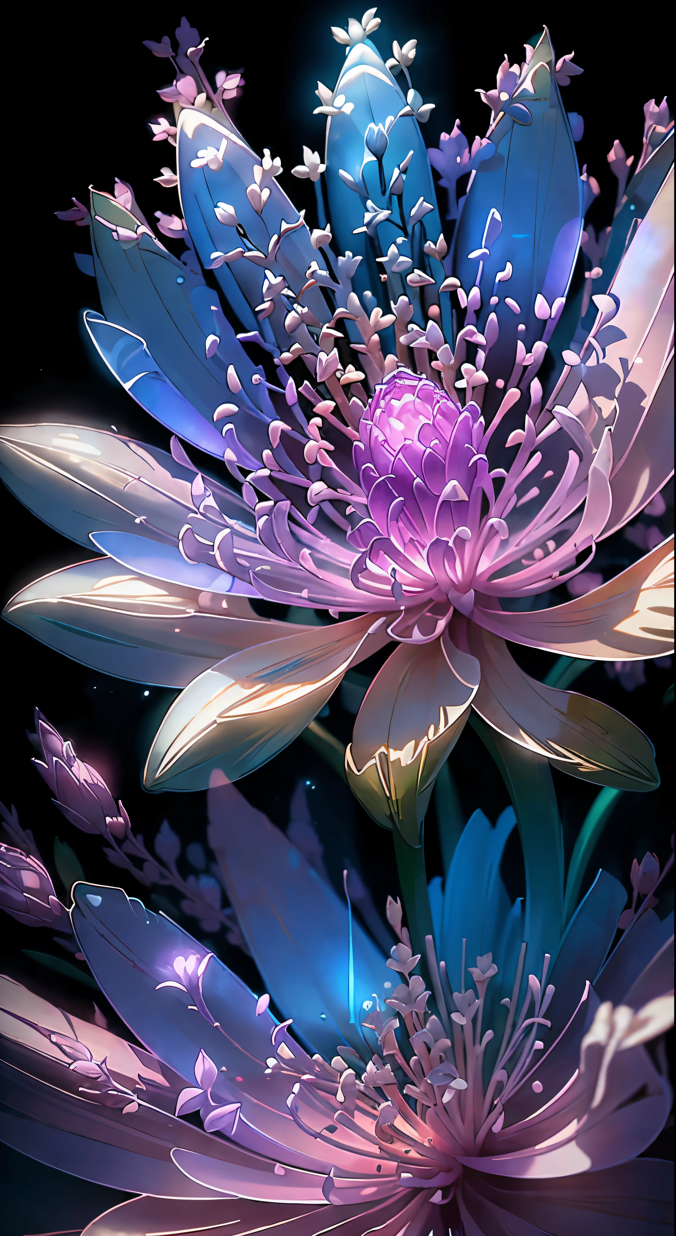 Picture a stunning scene where a bouquet of delicate Hyacinth flowers is bathed in a holy light, their super transparent petals glowing with a magical, intricate luminescence. The flowers seem to be flashing, as if in a moment of profound beauty, against a dark background. Transparent light drops fall gently from above, casting a reflective light on the flowers and enhancing their soft hues.
The bright light flows in from the edges of the frame, illuminating the scene with a trendy composition that is reminiscent of the latest artstation trends. The atmosphere is one of ethereal fantasy, with a pearl-colored silver vapor patronus cloud floating overhead.