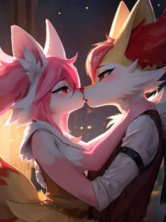 Art by lewdzure, Nazuna Hiwatashi, Braixen, kissing, cinamatic lighting, 4k, detailed, masterpiece,