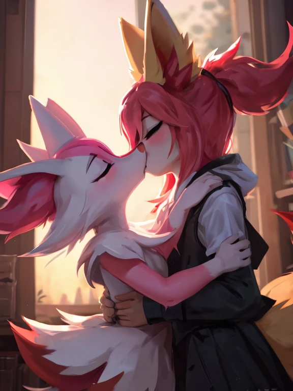 Art by lewdzure, Nazuna Hiwatashi, Braixen, kissing, cinamatic lighting, 4k, detailed, masterpiece,