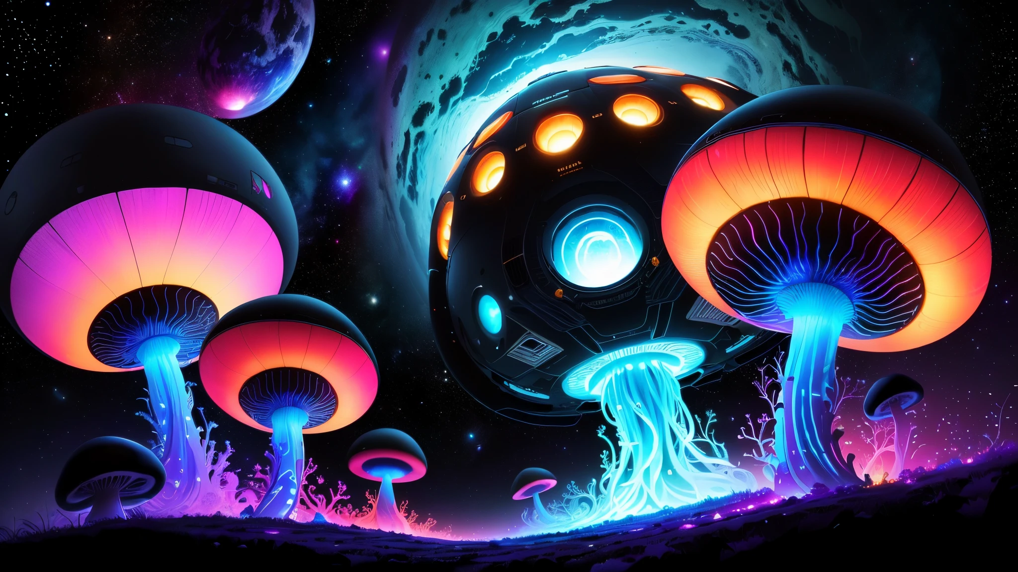 The spacecraft is close to a supermassive black hole, with jelyyfish and mushrooms growing randomly everywhere. Multicolor neon plants. Colorful lisa frank spaceship in sky. 