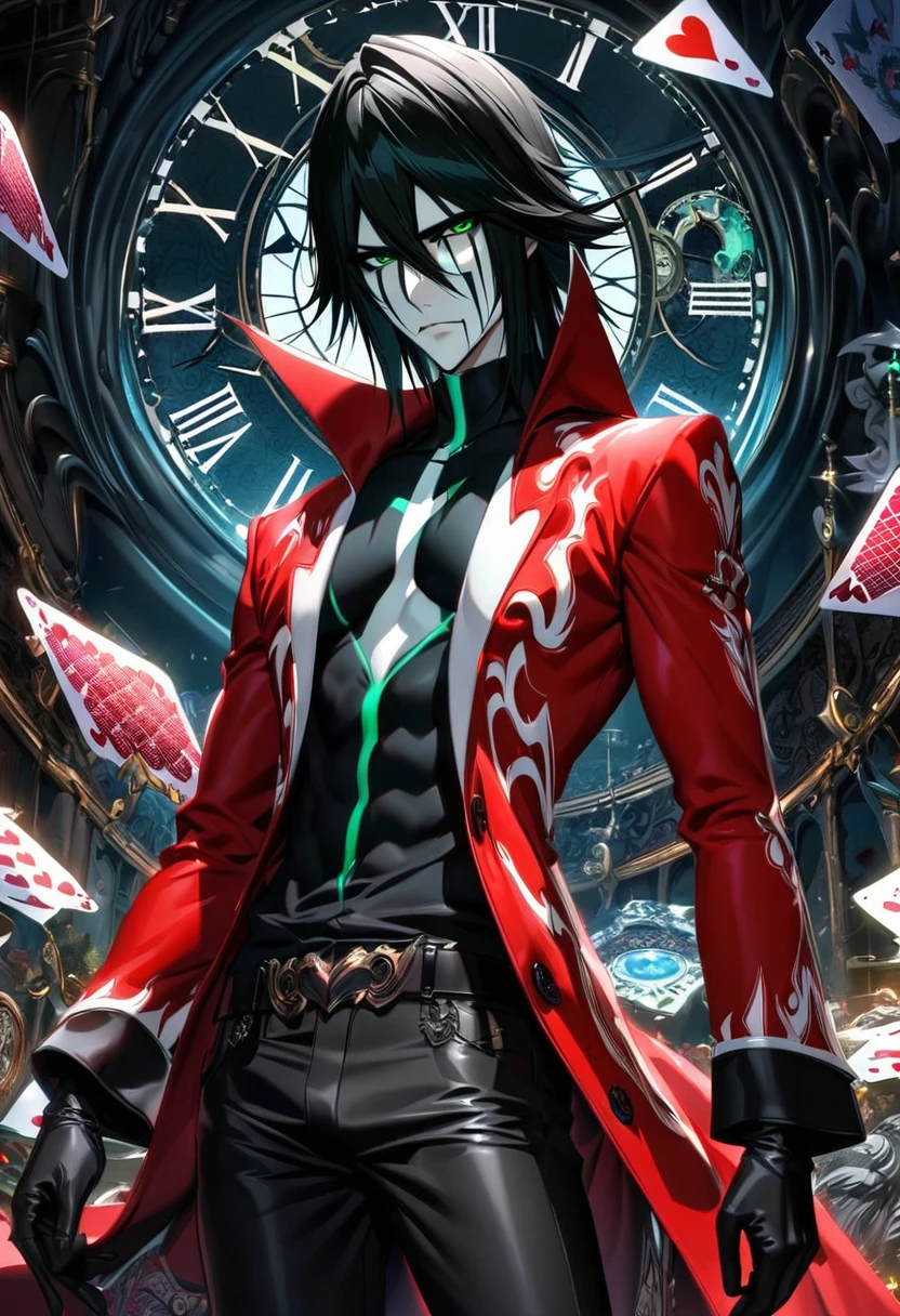 Ultra detailed, highres, absurdres, HDR, Ulquiorra Cifer, black hair, green eyes, bleach, red long coat, black tight shirt with patterns, clock, gear, in wonderland, heart cards, sexy man, solo, handsome, very detailed face and eyes, black pants, black gloves,