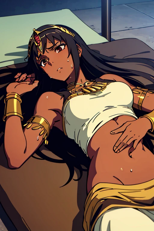 (best quality, masterpiece), brown skinned anime Cleopatra wearing a halter top and long skirt, famished in hunger, (gently resting hands on stomach), (sweating), (lying down), (long black hair), (hands on stomach), (pressing stomach with her fingers)