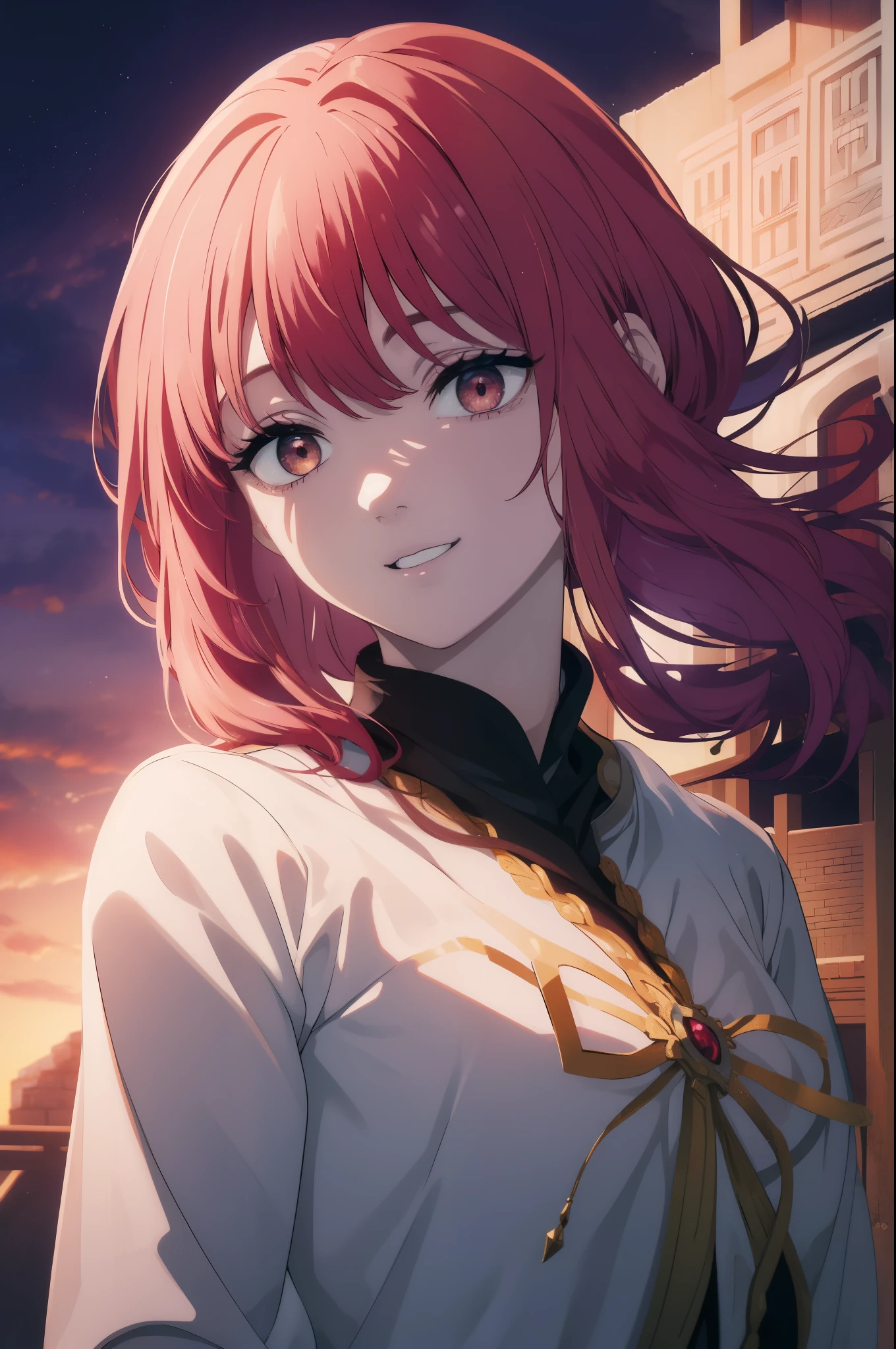 ((((Obra maestra, La mejor calidad, ultrahigh resolution)))), beautiful face, beautiful girl, 1girl, looking at viewer, standing, upper body, red hair, beautiful face, outside, wind blowing, detailed face, eyeliner, detailed red gradient eyes, shiny red eyes, black pupils, , face focus, pretty smile, happy, teeth, wide smile
