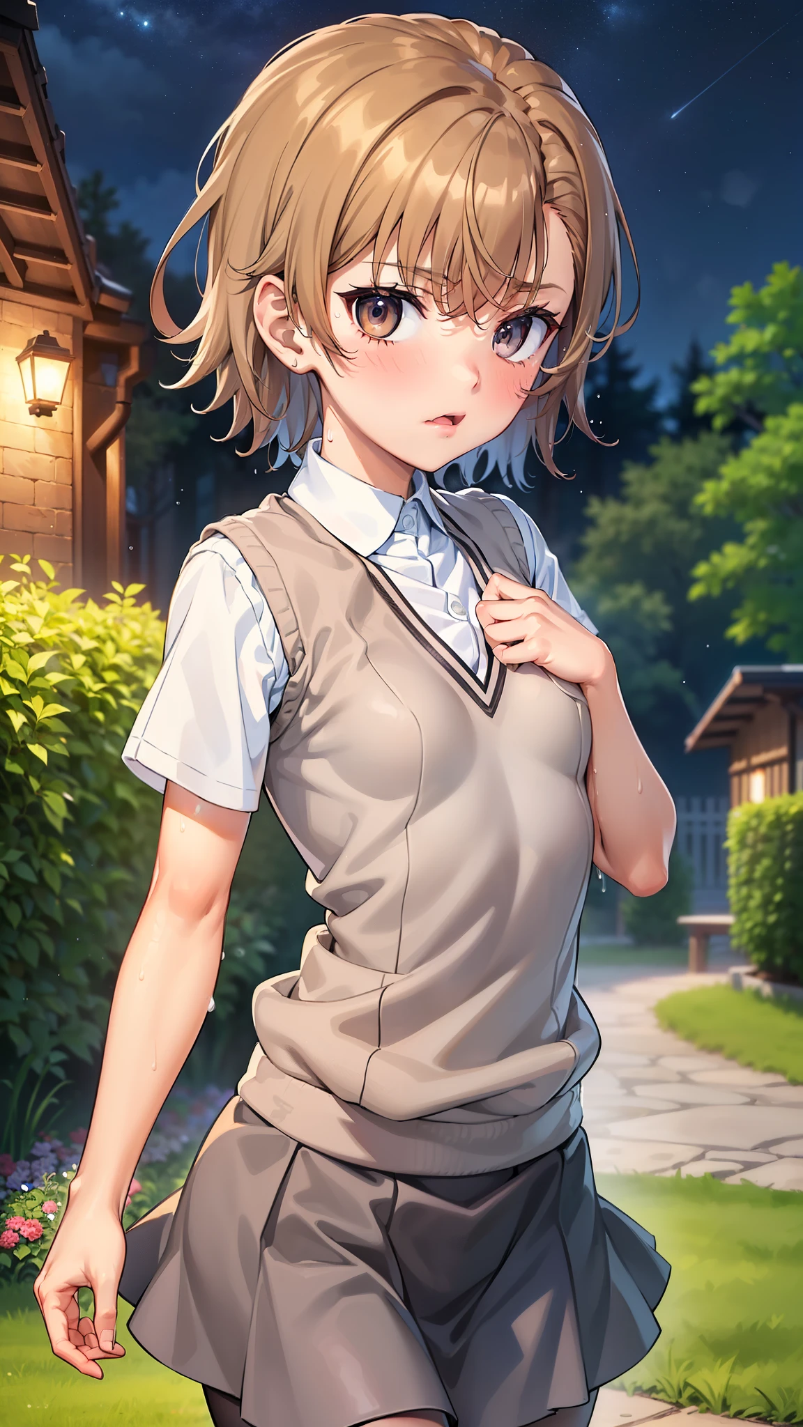 Smooth anime CG art、Focus Only、1 girl、Front view、(((Upper Body)))、(((Grey Skirt)))、Sweater vest、Short sleeve、(((Small breasts)))、(((sweat)))、Semi-short hair、(((Sweaty)))、Watery eye、blush、(((Embarrassed look)))、((Open your mouth))、(((Are standing)))、Spread your legs、((garden))、((Night Sky))、Midnight、Outdoor