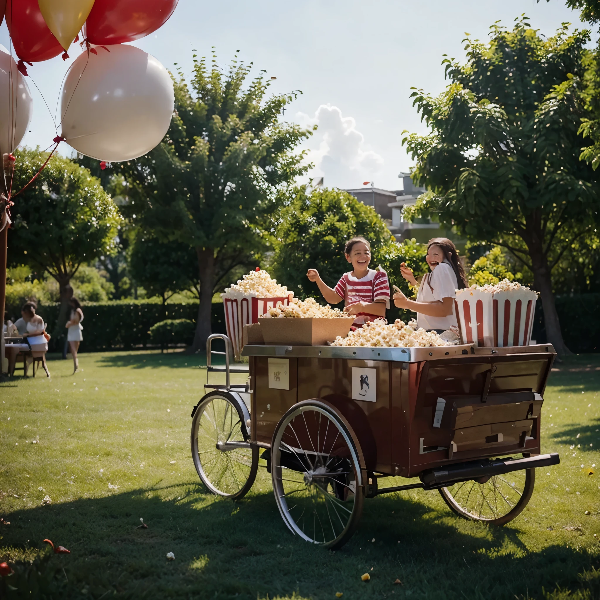 (red and white striped small popcorn cart in a park):(best quality,ultra-detailed),portrait,realistic,rich colors,soft lighting,bokeh,children,enjoying,summer vibes,outdoor activity,vibrant atmosphere,playful,motion,smiling faces,happy moments,happiness,joyful,casual outfits,laid-back,fun-filled,positive energy,relaxing environment,greenery,festive,bustling scene,excitement,delicious aroma,popcorn popping,sweet treats,snacks,refreshments,tempting,temptation,mouth-watering,tasty,crispy,popcorn kernels,texture,fluffy,detail-capturing,crunchy bites,red balloons,floating,wandering,crowd,laughing,sunny day,blue sky,leisure time,family outing,noisy chatter,entertainment,blissful,memorable day.
