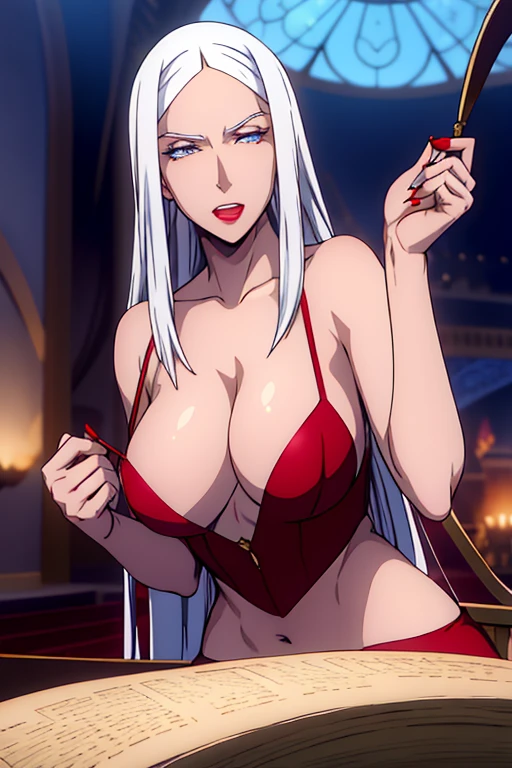 carmilla, pechos medianos, lenceria, lingerie, hermoso rostro, ojos azules, (Obra maestra:1.2), Mejor calidad, absurdos, high resolution, fondo de pantalla extremadamente detallado, castillo, Castillo, Noche, Noche, Perfect lighting, blue eyes, tacones altos, tacones, medias, medias, NSFW, +18,