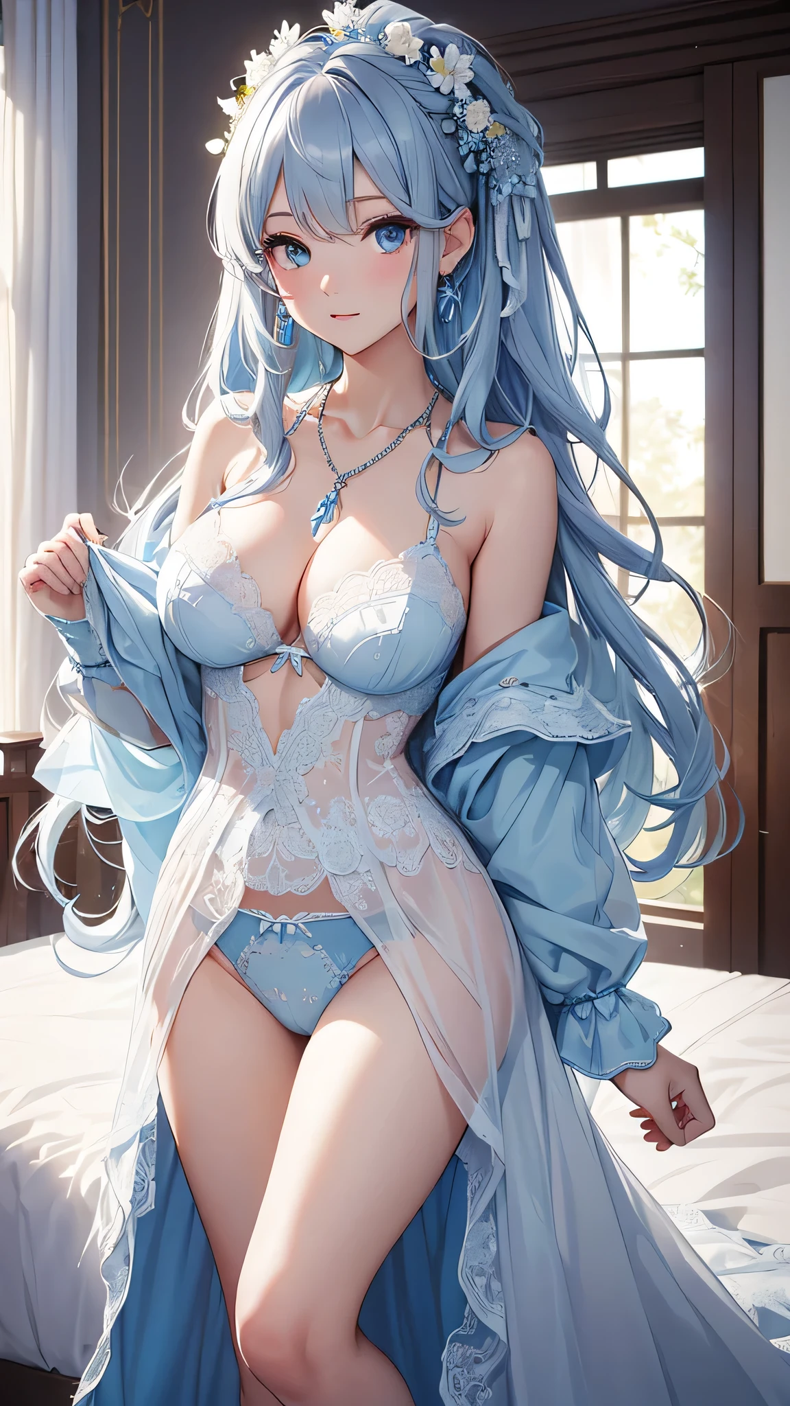 ((highest quality))、((Highest quality))、((Highest Resolution))、masterpiece、The most beautiful woman、Gray Hair, blue eyes, Light blue wedding dress, Big Breasts、Blue hair ornament、((to close range)), On the bed、Showing off white underwear、Blue Necklace、Blue earrings