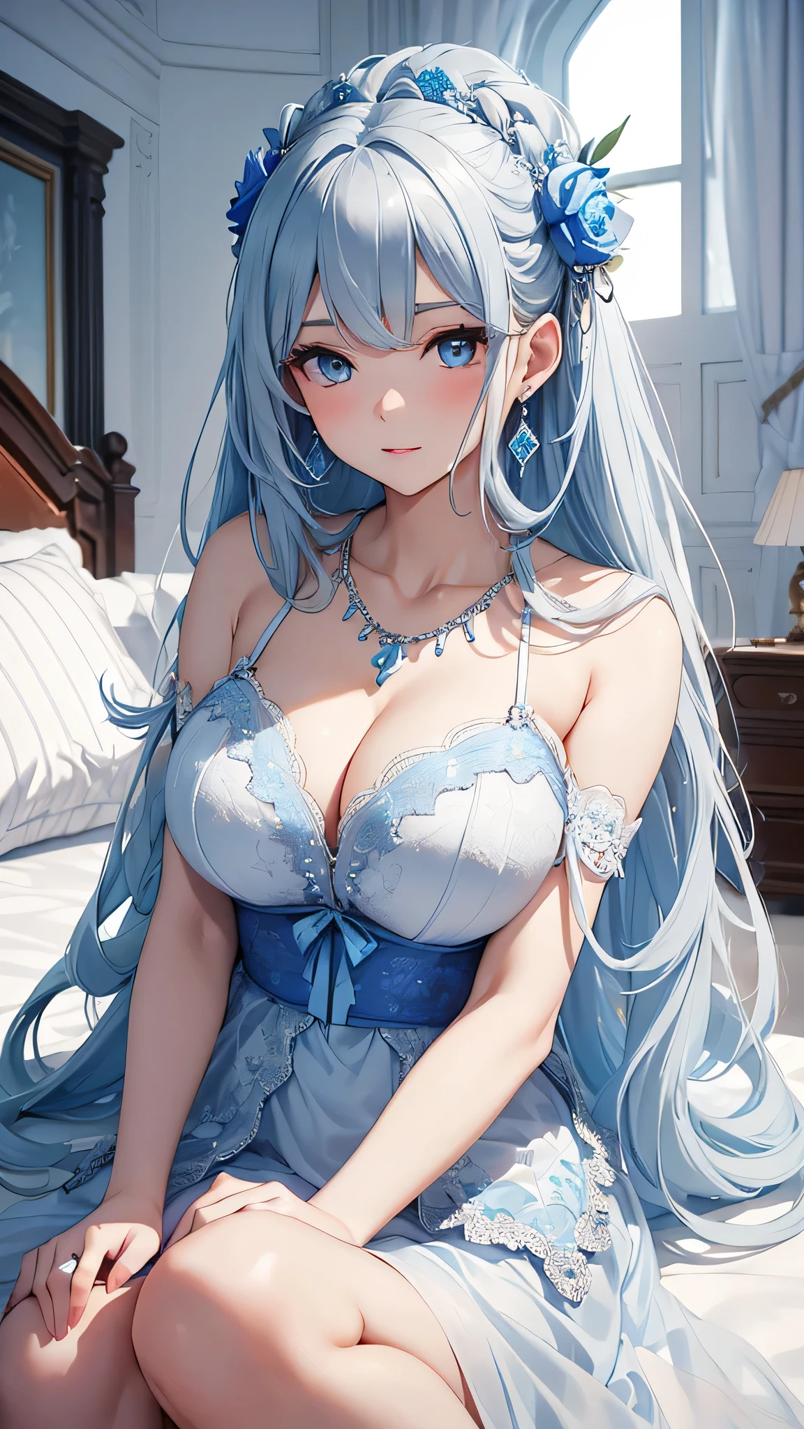 ((highest quality))、((Highest quality))、((Highest Resolution))、masterpiece、The most beautiful woman、Gray Hair, blue eyes, Light blue wedding dress, Big Breasts、Blue hair ornament、((to close range)), On the bed、Showing off white underwear、Blue Necklace、Blue earrings