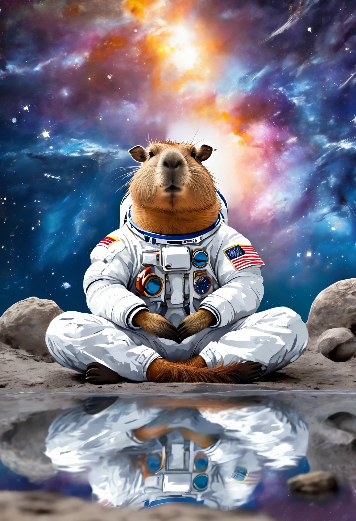 (masterpiece, best quality, detailed), lotus pose,on the moon, capybara astronaut, Galaxy background