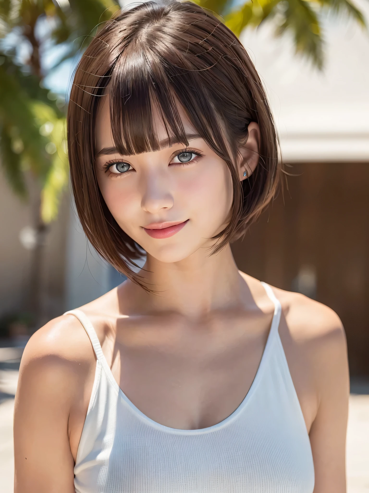 (8k), (best quality), (masterpiece:1.3), (realistic), (photorealistic:1.36), ultra-detailed, cinema lights,white bikini,smile,
1girl, solo, (((dark short cut hair with bangs))), (finely detailed beautiful amber eyes: 1.2), lustrous skin, show Clavicle, perfect skin, (adult face:1.2), (medium_breasts:1.3),